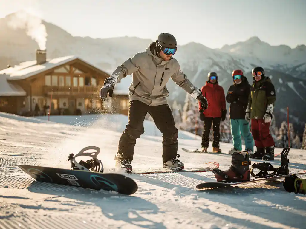 Moniteur de snowboard professionnel enseignant la technique à des étudiants sur une pente enneigée au coucher du soleil