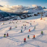 Aerial view of Morillon ski slopes with instructors in bright jackets teaching students on fresh powder snow at golden hour