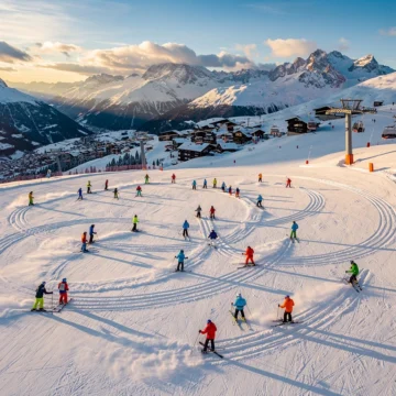 Aerial view of Morillon ski slopes with instructors in bright jackets teaching students on fresh powder snow at golden hour