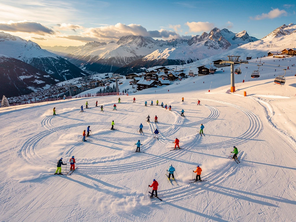 Aerial view of Morillon ski slopes with instructors in bright jackets teaching students on fresh powder snow at golden hour