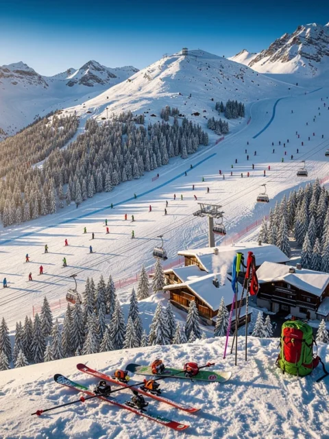Luchtfoto van Morillon skigebied in de Franse Alpen met besneeuwde hellingen, skiërs en stoeltjesliften onder blauwe lucht