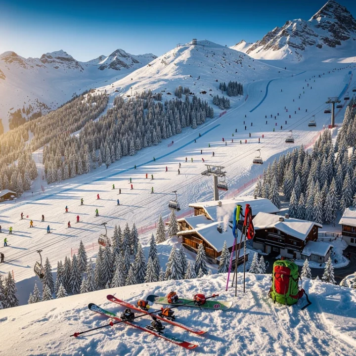 Luchtfoto van Morillon skigebied in de Franse Alpen met besneeuwde hellingen, skiërs en stoeltjesliften onder blauwe lucht