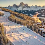 Aerial view of Morzine ski slopes at golden hour with skiers on powder snow, pine forests, and Alpine village below.