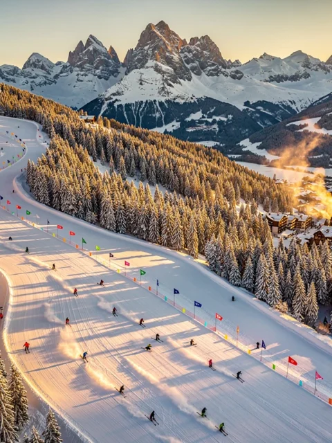 Aerial view of Morzine ski slopes at golden hour with skiers on powder snow, pine forests, and Alpine village below.