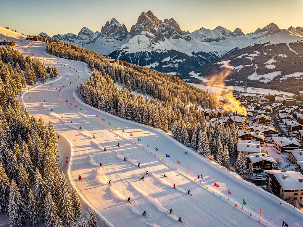Aerial view of Morzine ski slopes at golden hour with skiers on powder snow, pine forests, and Alpine village below.