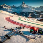 Alpiene skipiste in Morzine met verse poedersneeuw, gekleurde sporen en ski-uitrusting tegen besneeuwde bergtoppen