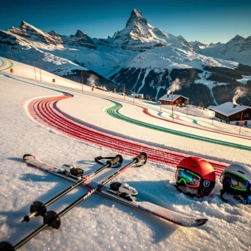 Alpiene skipiste in Morzine met verse poedersneeuw, gekleurde sporen en ski-uitrusting tegen besneeuwde bergtoppen