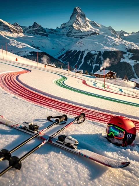 Alpiene skipiste in Morzine met verse poedersneeuw, gekleurde sporen en ski-uitrusting tegen besneeuwde bergtoppen