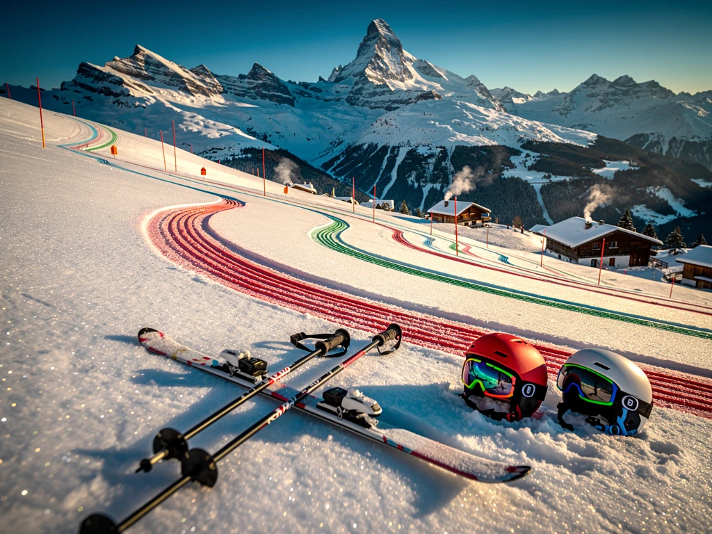 Alpiene skipiste in Morzine met verse poedersneeuw, gekleurde sporen en ski-uitrusting tegen besneeuwde bergtoppen
