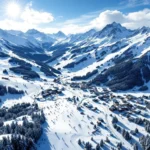 Luchtfoto van Nassfeld-Tröpolach skigebied met besneeuwde pistes, skiliften en skiërs in Oostenrijkse Alpen