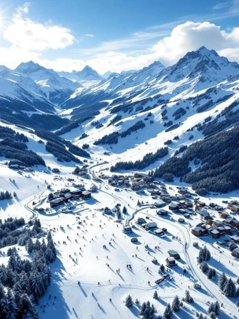 Luchtfoto van Nassfeld-Tröpolach skigebied met besneeuwde pistes, skiliften en skiërs in Oostenrijkse Alpen