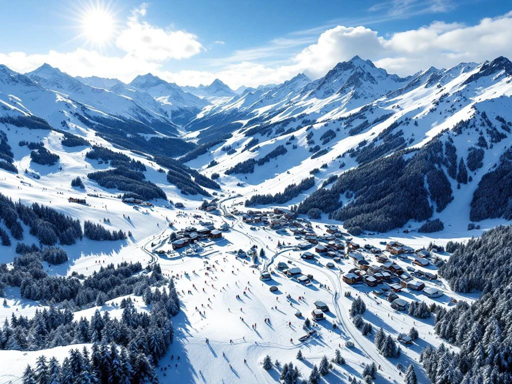 Luchtfoto van Nassfeld-Tröpolach skigebied met besneeuwde pistes, skiliften en skiërs in Oostenrijkse Alpen