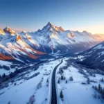Luchtfoto van besneeuwde Oostenrijkse Alpen met skiliften, verbonden via bergweg vanuit Nederlands landschap tijdens gouden uur