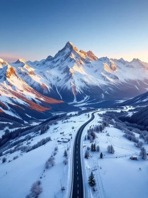 Luchtfoto van besneeuwde Oostenrijkse Alpen met skiliften, verbonden via bergweg vanuit Nederlands landschap tijdens gouden uur