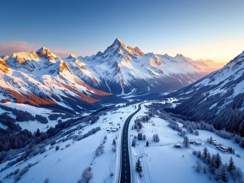 Luchtfoto van besneeuwde Oostenrijkse Alpen met skiliften, verbonden via bergweg vanuit Nederlands landschap tijdens gouden uur