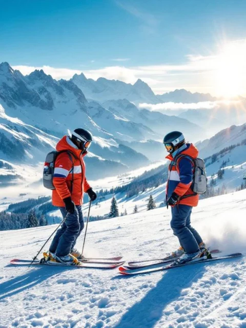 Nederlandse ski-instructeur demonstreert techniek aan leerling op zonnige Alpenpiste met besneeuwde bergtoppen op de achtergrond onder stralende winterzon.