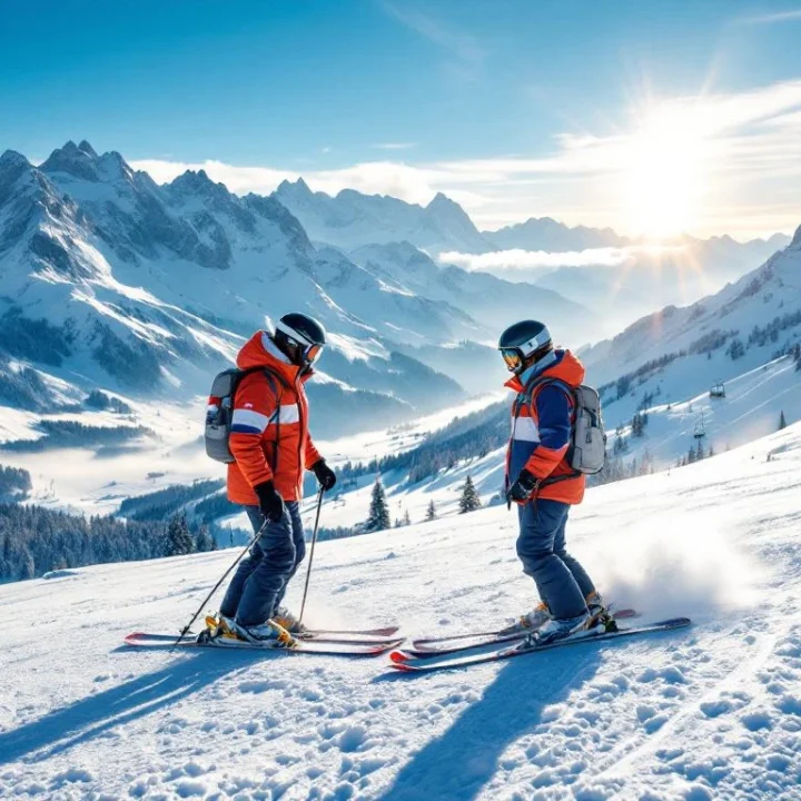 Nederlandse ski-instructeur demonstreert techniek aan leerling op zonnige Alpenpiste met besneeuwde bergtoppen op de achtergrond onder stralende winterzon.