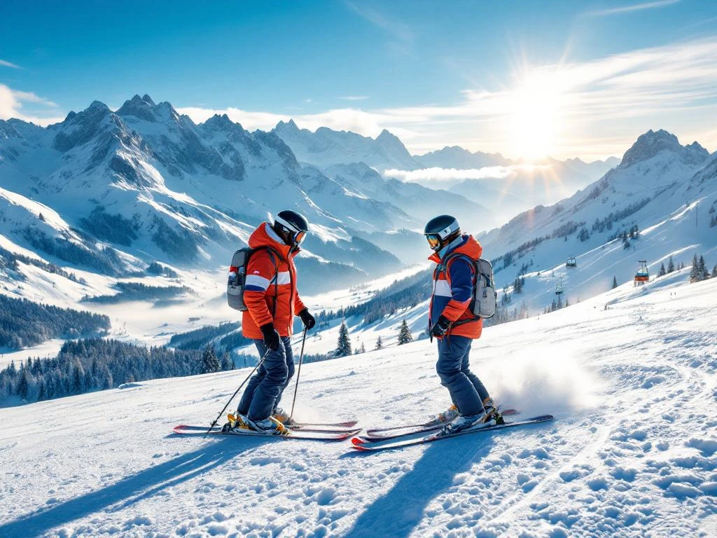 Nederlandse ski-instructeur demonstreert techniek aan leerling op zonnige Alpenpiste met besneeuwde bergtoppen op de achtergrond onder stralende winterzon.