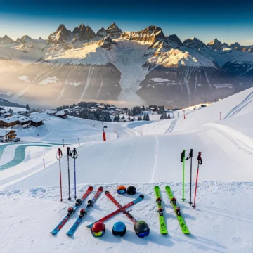 Aerial view of Neukirchen am Großvenediger ski slopes with groomed runs, colorful ski equipment, and Alpine peaks under blue sky