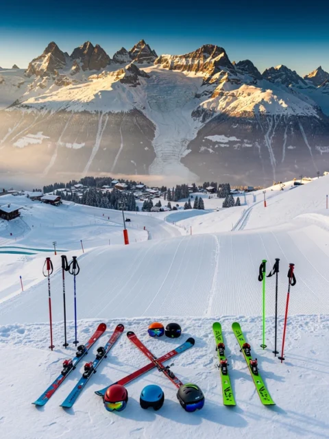 Aerial view of Neukirchen am Großvenediger ski slopes with groomed runs, colorful ski equipment, and Alpine peaks under blue sky