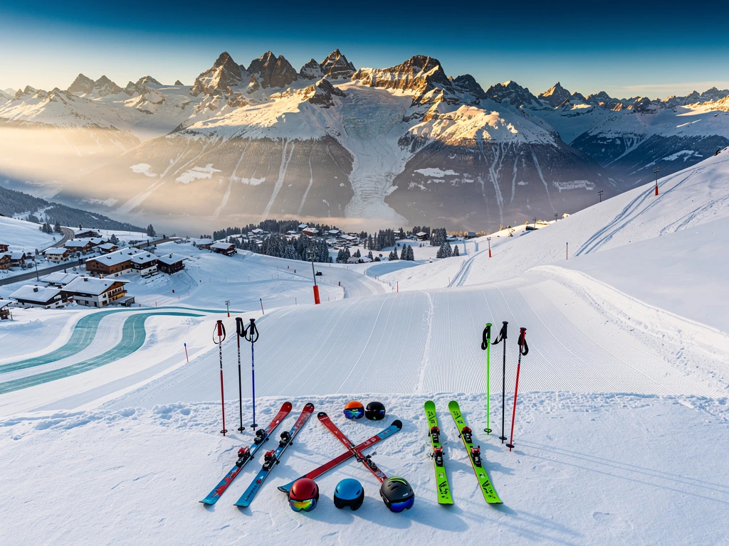 Aerial view of Neukirchen am Großvenediger ski slopes with groomed runs, colorful ski equipment, and Alpine peaks under blue sky