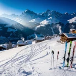 Skihellingen van Neukirchen am Großvenediger met besneeuwde Alpentoppen, skipistes en Oostenrijkse chalets onder blauwe lucht