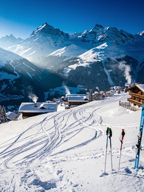 Skihellingen van Neukirchen am Großvenediger met besneeuwde Alpentoppen, skipistes en Oostenrijkse chalets onder blauwe lucht