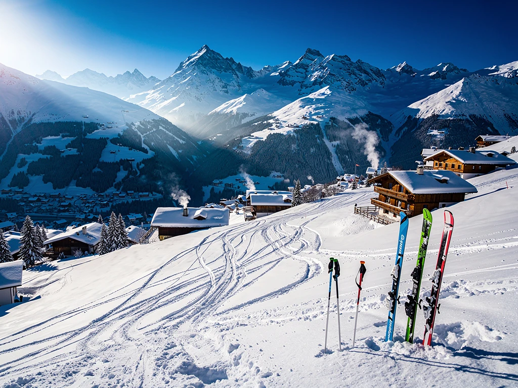 Skihellingen van Neukirchen am Großvenediger met besneeuwde Alpentoppen, skipistes en Oostenrijkse chalets onder blauwe lucht