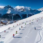Ski instructors in colorful jackets teaching groups on groomed slopes at Obergurgl ski resort with Austrian Alps backdrop