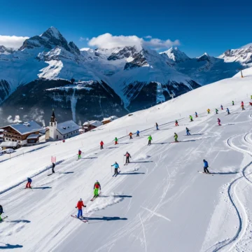 Ski instructors in colorful jackets teaching groups on groomed slopes at Obergurgl ski resort with Austrian Alps backdrop