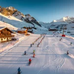 Aerial view of Oetz-Hochoetz ski resort in Austrian Alps with groomed slopes, ski instructors teaching groups, and mountain lodges