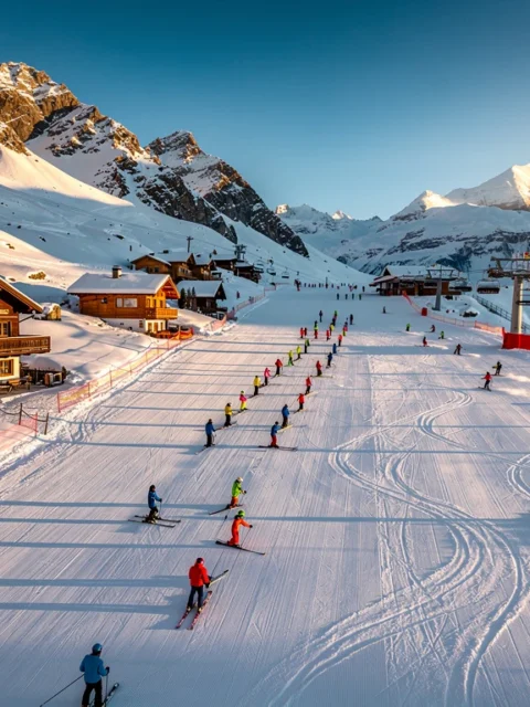 Aerial view of Oetz-Hochoetz ski resort in Austrian Alps with groomed slopes, ski instructors teaching groups, and mountain lodges