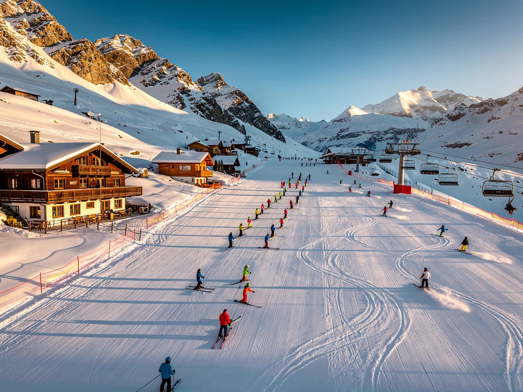 Aerial view of Oetz-Hochoetz ski resort in Austrian Alps with groomed slopes, ski instructors teaching groups, and mountain lodges