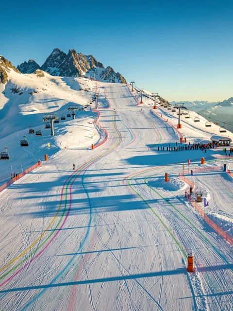 Luchtfoto van skigebied Oetz-Hochoetz in Oostenrijkse Alpen met besneeuwde pistes, skiliften en lesgebieden