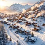 Oostenrijks bergdorp met houten chalets in besneeuwde Alpen tijdens zonsondergang, met skiliften en warme raamverlichting