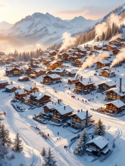 Oostenrijks bergdorp met houten chalets in besneeuwde Alpen tijdens zonsondergang, met skiliften en warme raamverlichting