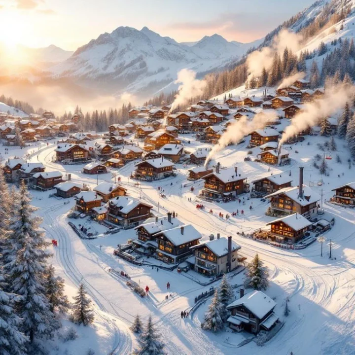 Oostenrijks bergdorp met houten chalets in besneeuwde Alpen tijdens zonsondergang, met skiliften en warme raamverlichting