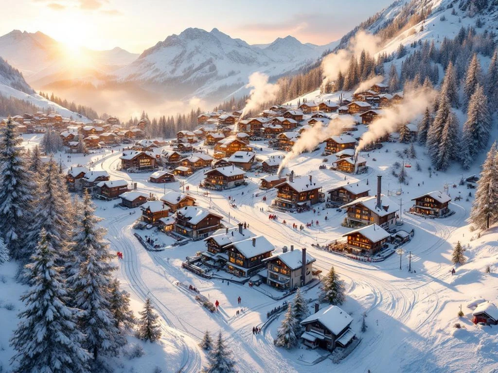 Oostenrijks bergdorp met houten chalets in besneeuwde Alpen tijdens zonsondergang, met skiliften en warme raamverlichting