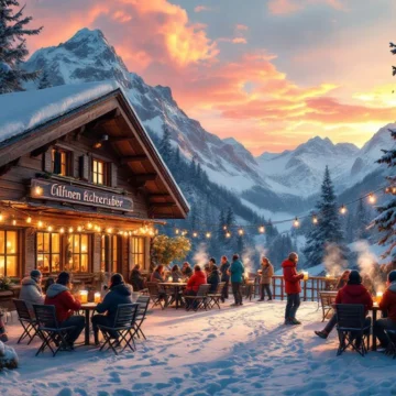 Oostenrijks alpendorp met houten chalet, skiërs met bier op terras bij zonsondergang en besneeuwde bergtoppen