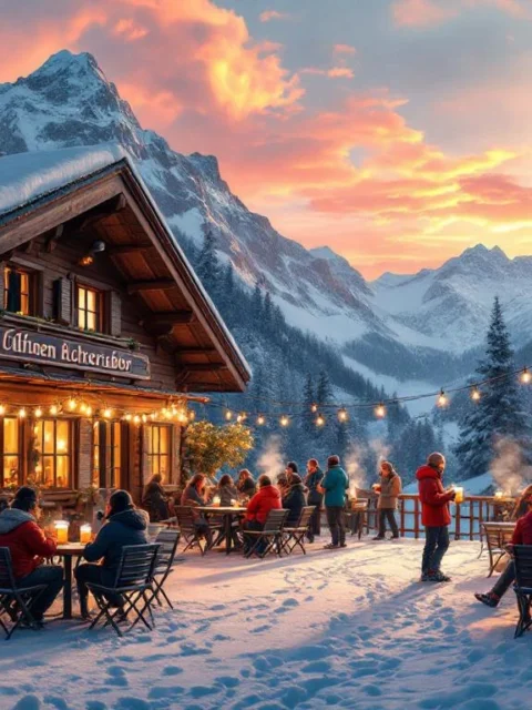 Oostenrijks alpendorp met houten chalet, skiërs met bier op terras bij zonsondergang en besneeuwde bergtoppen