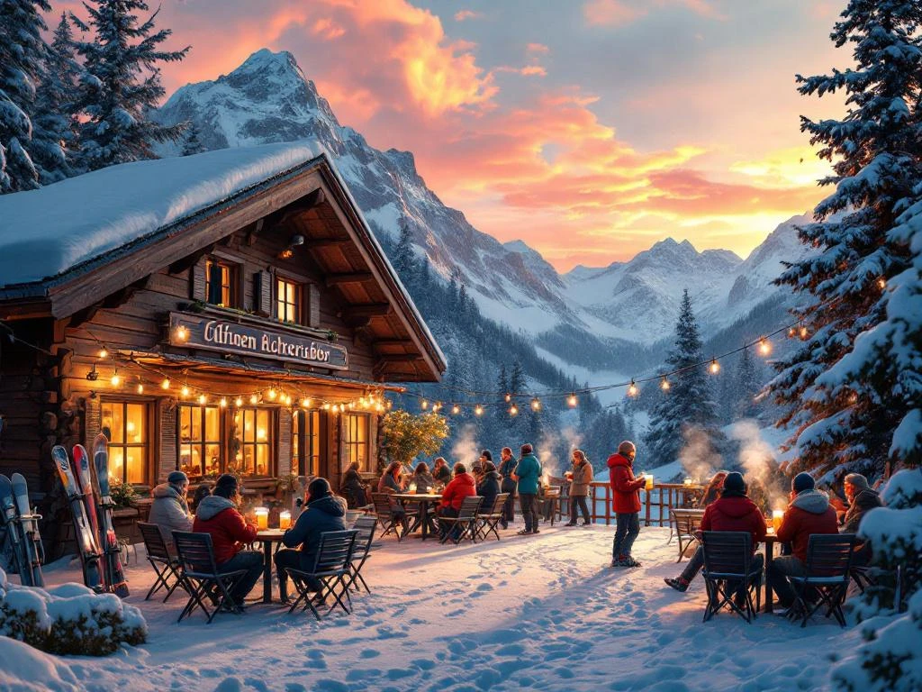 Oostenrijks alpendorp met houten chalet, skiërs met bier op terras bij zonsondergang en besneeuwde bergtoppen
