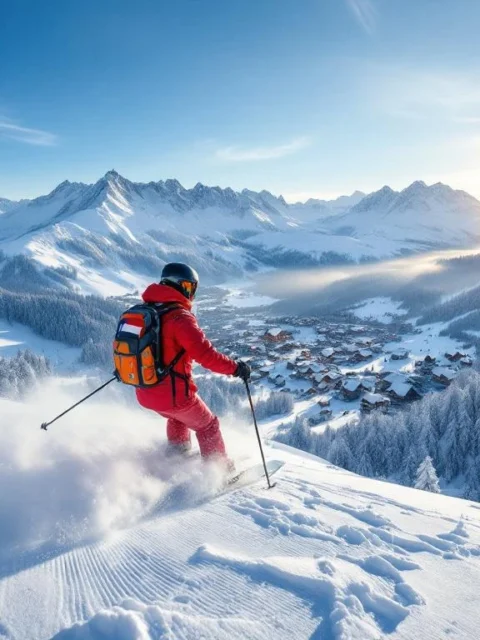 Nederlandse ski-instructeur in rode outfit toont skitechniek op Oostenrijkse piste met besneeuwde bergen en traditioneel bergdorp onder blauwe hemel.