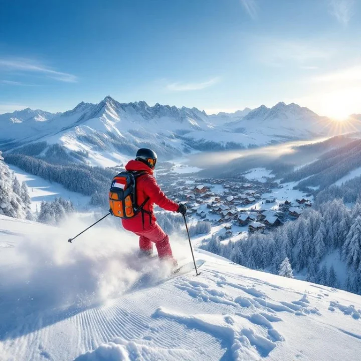 Nederlandse ski-instructeur in rode outfit toont skitechniek op Oostenrijkse piste met besneeuwde bergen en traditioneel bergdorp onder blauwe hemel.