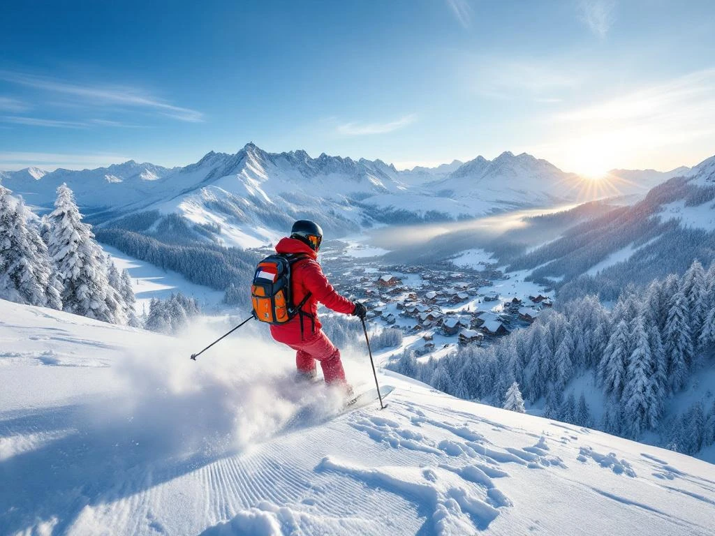 Nederlandse ski-instructeur in rode outfit toont skitechniek op Oostenrijkse piste met besneeuwde bergen en traditioneel bergdorp onder blauwe hemel.