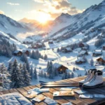 Luchtfoto van Oostenrijks skiresort in besneeuwde Alpen met chalets, skiliften en luxe ski-uitrusting op houten terras