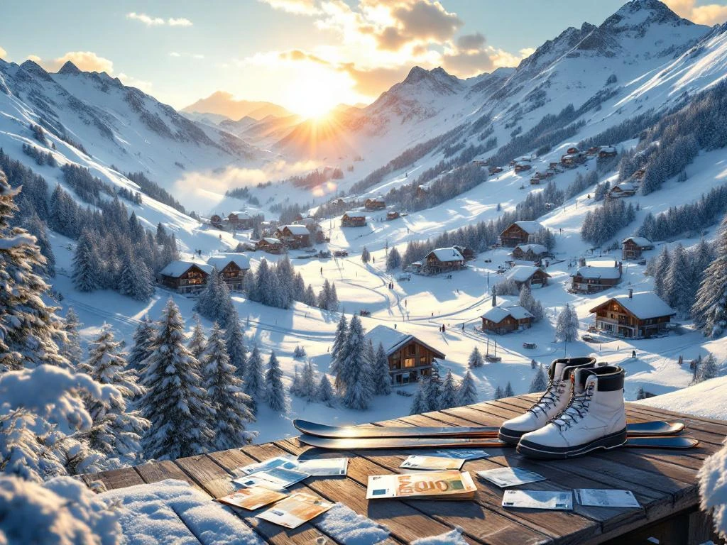 Luchtfoto van Oostenrijks skiresort in besneeuwde Alpen met chalets, skiliften en luxe ski-uitrusting op houten terras