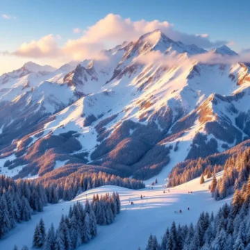 Luchtfoto van besneeuwde Oostenrijkse Alpen met skipistes en gouden zonsonderganglicht over bergtoppen