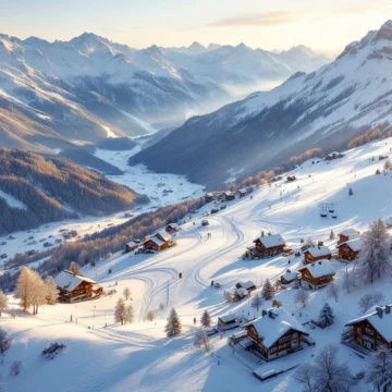 Luchtfoto van Oostenrijkse Alpen met verse poedersneeuw, skipistes, berghutten en kabelbanen in gouden ochtendlicht