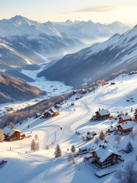 Luchtfoto van Oostenrijkse Alpen met verse poedersneeuw, skipistes, berghutten en kabelbanen in gouden ochtendlicht