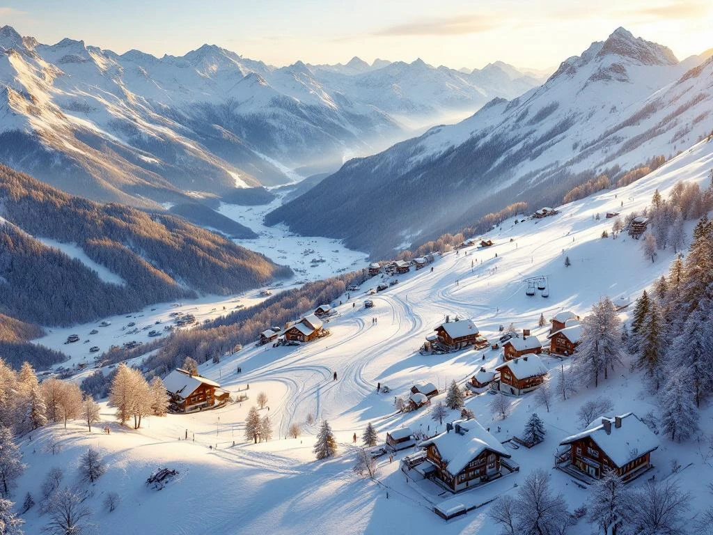 Luchtfoto van Oostenrijkse Alpen met verse poedersneeuw, skipistes, berghutten en kabelbanen in gouden ochtendlicht